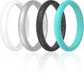 ThunderFit Women's Thin and Stackable Silicone Rings Wedding Bands - 4 Pack (White Silver Black Teal Glitter Teal 6.5-7 (17.3mm))