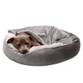 Furhaven 27" Round Medium Donut Dog Bed Plush Velvet Waves Hooded Calming Cuddler, Washable - Dark Gray, Medium
