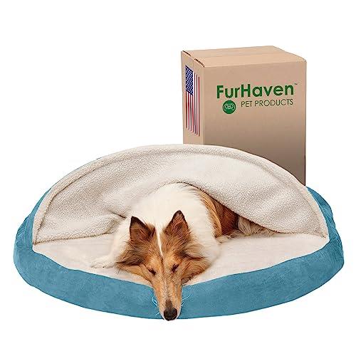 FurHaven Pet Dog Bed | Orthopedic Round Faux Sheepskin Snuggery Burrow Pet Bed for Dogs & Cats, Blue, 44-Inch
