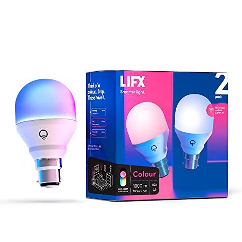 LIFX Colour 2-Pack, A60 1000 lumens [B22 Bayonet Cap], Billions of Colours and Whites, Wi-Fi Smart LED Light Bulb, No Bridge Required, Compatible with Alexa, Hey Google, HomeKit and Siri. L3A19MC08B22