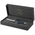 Parker Sonnet Ballpoint Pen | Premium Metal and Blue Satin Finish with Chrome Trim | Medium Point with Black Ink Refill | Gift Box