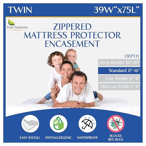 Four Seasons Essentials Twin Size Mattress Protector Bedbug Waterproof Zippered Encasement Hypoallergenic Premium Quality Cover Protects Against Dust Mites Allergens