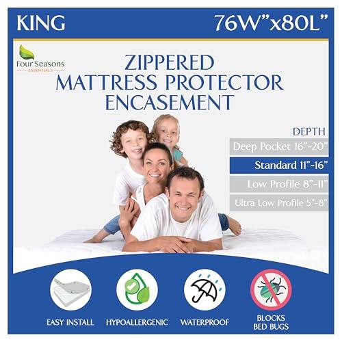 Four Seasons Essentials King Mattress Protector Bedbug Waterproof Zippered Encasement Hypoallergenic Premium Quality Cover Protects Against Dust Mites Allergens