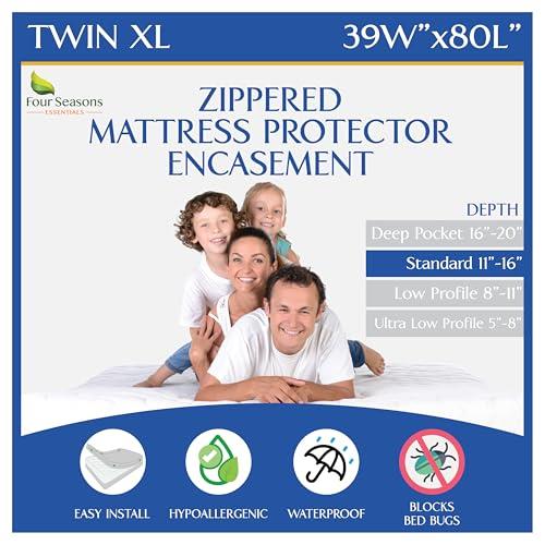 Four Seasons Essentials Twin Extra Long (XL) Mattress Protector Bedbug Waterproof Zippered Encasement Hypoallergenic Premium Quality Cover Protects Against Dust Mites Allergens