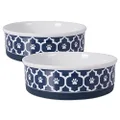Bone Dry DII Lattice Ceramic Pet Bowl for Food & Water with Non-Skid Silicone Rim for Dogs and Cats (Large - 7.5" Dia x 4" H) Nautical Blue - Set of 2