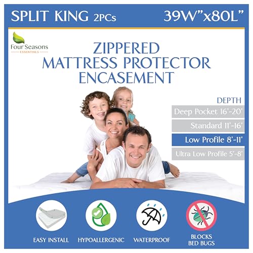 Split King Mattress/Box Spring Encasement 39" x 80" (2PCs) - Waterproof Zippered Protector Hypoallergenic Premium Quality Bed Cover - Breathable Smooth Fabric