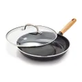 GreenPan Hudson Healthy Ceramic Nonstick 28 cm Frying Pan Skillet with Lid, Wood Inspired Handle, PFAS-Free, Dishwasher Safe, Black