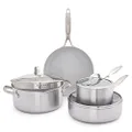 GreenPan Venice Pro Tri-Ply Stainless Steel Healthy Ceramic Nonstick 6 Piece Cookware Pots and Pans Set, PFAS-Free, Multi Clad, Induction, Dishwasher Safe, Oven Safe, Silver
