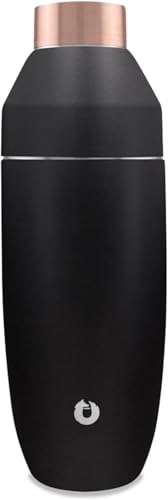 SNOWFOX Premium Vacuum Insulated Stainless Steel Cocktail Shaker, Home Bar Accessories, Elegant Drink Mixer, Leak, Proof Lid with Jigger & Built, in Strainer, Black/Gold, 22oz.