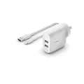 Belkin WCD001au1MWH Dual USB Charger 24W + Lightning Cable (Dual USB Wall Charger for iPhone SE, 11, 11 Pro, 11 Pro Max, XS, XS Max, XR, X, 8, iPad, AirPods, more), White