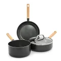 GreenPan Hudson Healthy Ceramic Nonstick 4 Piece Cookware Pots and Pans Set, Wood Inspired Handle, PFAS-Free, Dishwasher Safe, Black