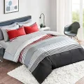 Comfort Spaces Comforter Sets with Sheets - Bed in a Bag 9 Pieces Teen Bedding Sets, Red and Grey Stripes Bedding Full, College Full Bed Set with 2 Side Pockets Bedroom Organizer