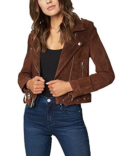 [BLANKNYC] Womens Luxury Clothing Cropped Suede Leather Motorcycle Jackets, Comfortable & Stylish Coats, Chocolate Truffle, X-Small