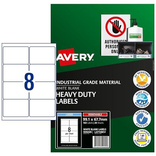 Avery Australia Heavy Duty Waterproof Labels – Removable Fridge, Freezer & School Safe Stickers - 160 Self-Adhesive Stickers for Laser Printers, White, 99.1 mm x 67.7 mm, 20 Sheets – 959209/ L4715REV