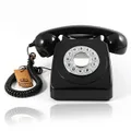 GPO 746 Push-Button 1970s-style Retro Landline Phone - Curly Cord Authentic Bell Ring - Black