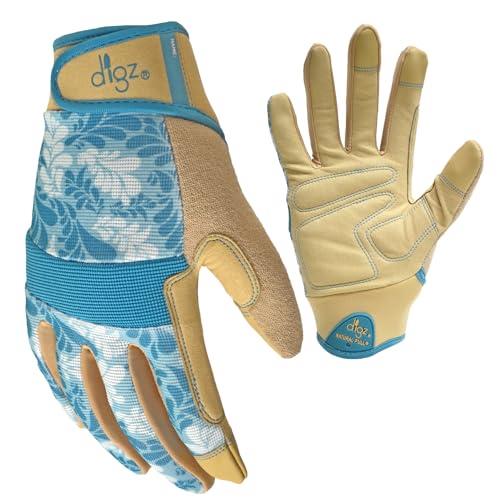 DIGZ 7606-23 High Performance Women's Gardening Gloves, Work Gloves with Touchscreen Compatible Fingertips, Blue Leaves Pattern, Medium