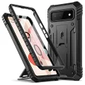 Poetic Revolution Case for Google Pixel 6 5G, Built-in Screen Protector Work with Fingerprint ID, Full Body Rugged Shockproof Protective Cover Case with Kickstand, Black