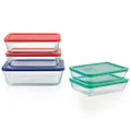 Pyrex 1136617 Simply Store Rectangular Glass Food Containers With BPA Free Plastic Multi Coloured Lids, 10 Piece Set