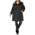 London Fog Women's Plus-Size Mid-Length Faux-Fur Collar Down Coat with Hood, Black, 1X