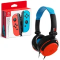 Nintendo Switch Joy-Con Controller Set with 4Gamers C6-50 Wired Gaming Headset Neon Blue and Red Bundle