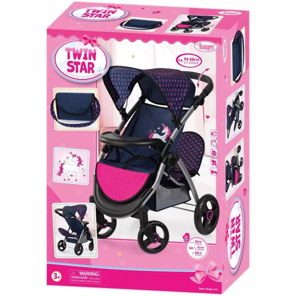 Bayer Twin Star Doll Pram Blue with Pink Hearts and Unicorn Design