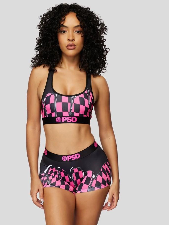 PSD: Neon Pink Drip Check Women's Boy Shorts (Size: L) in Black/Pink