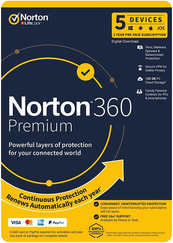 Norton 360 Premium 100GB 5 Device 1 Year Subscription