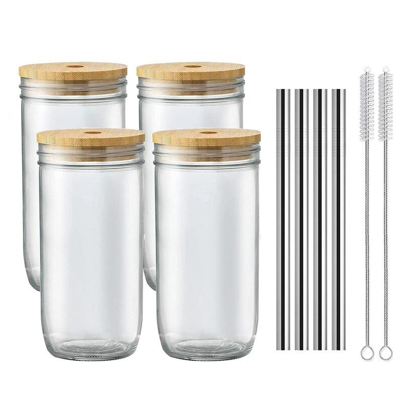 Drinking Glasses with Bamboo Lids and Stainless Steel Straw 4pcs Set
