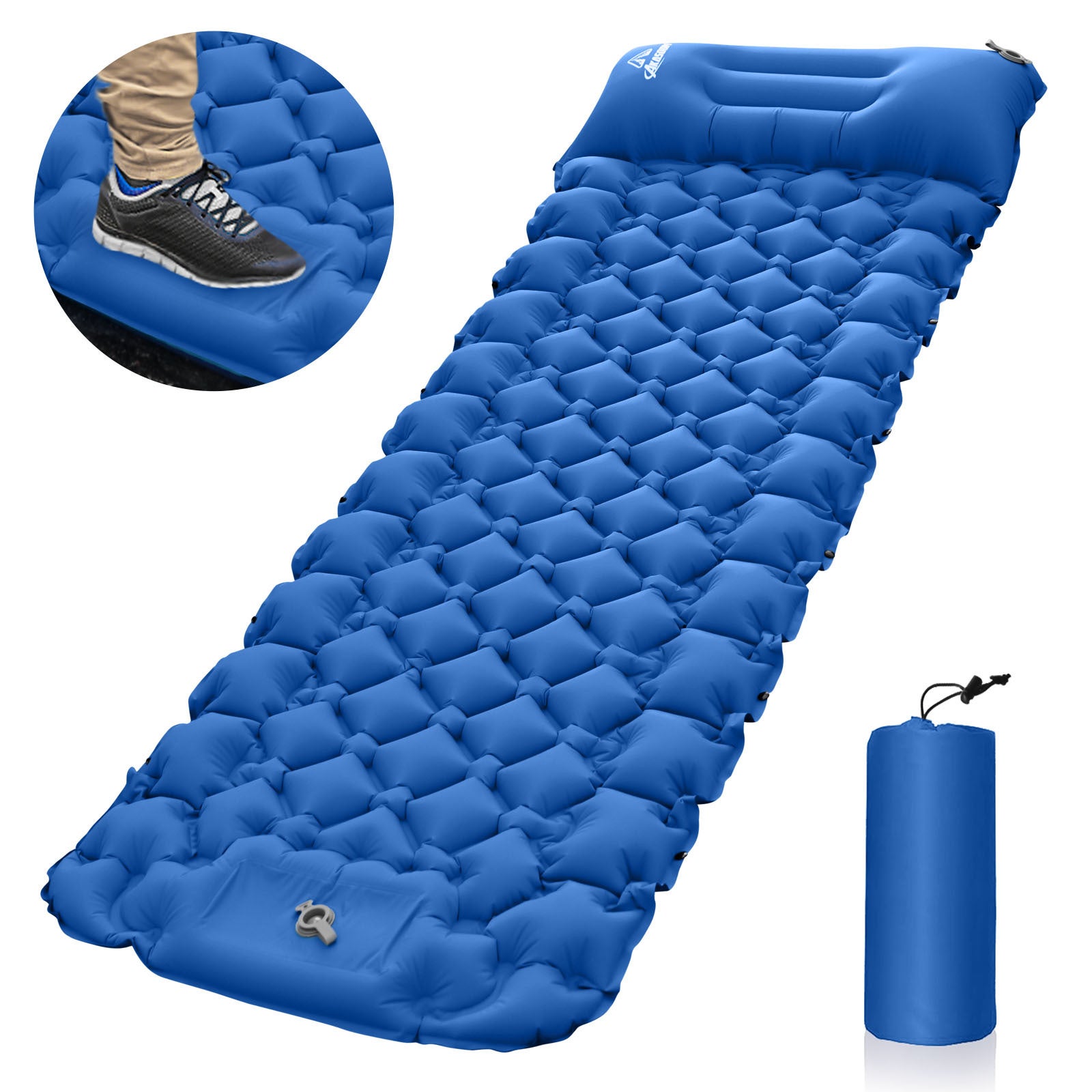 Ultralight Camping Sleeping Pad with Pillow & Built-in Foot Pump - Blue