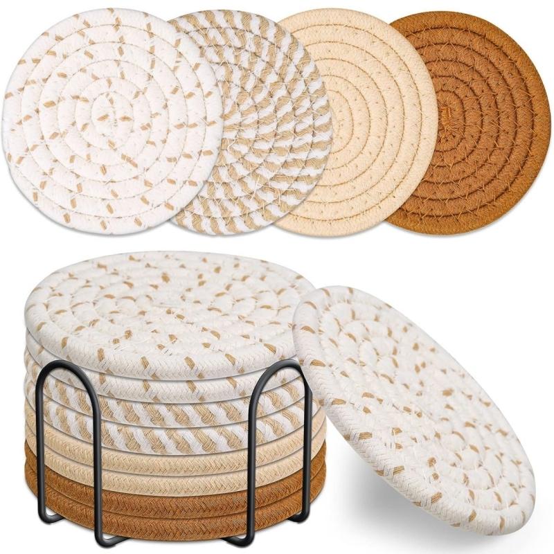 COOKOZZY 4 Colours Cotton Drink Coasters Set with Holder