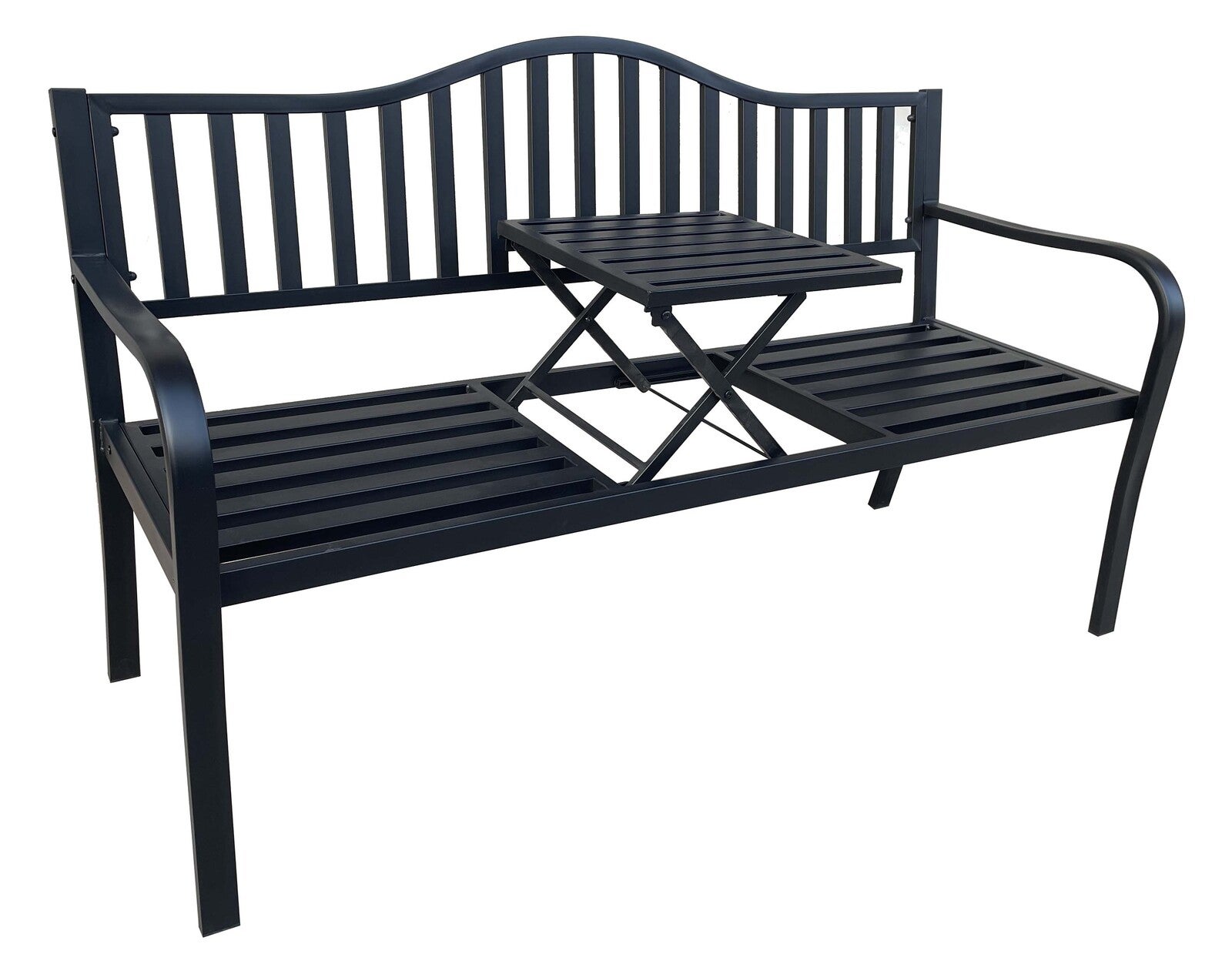 Fraser Country Outdoor Metal Garden Bench with Pullout Middle Table - Black