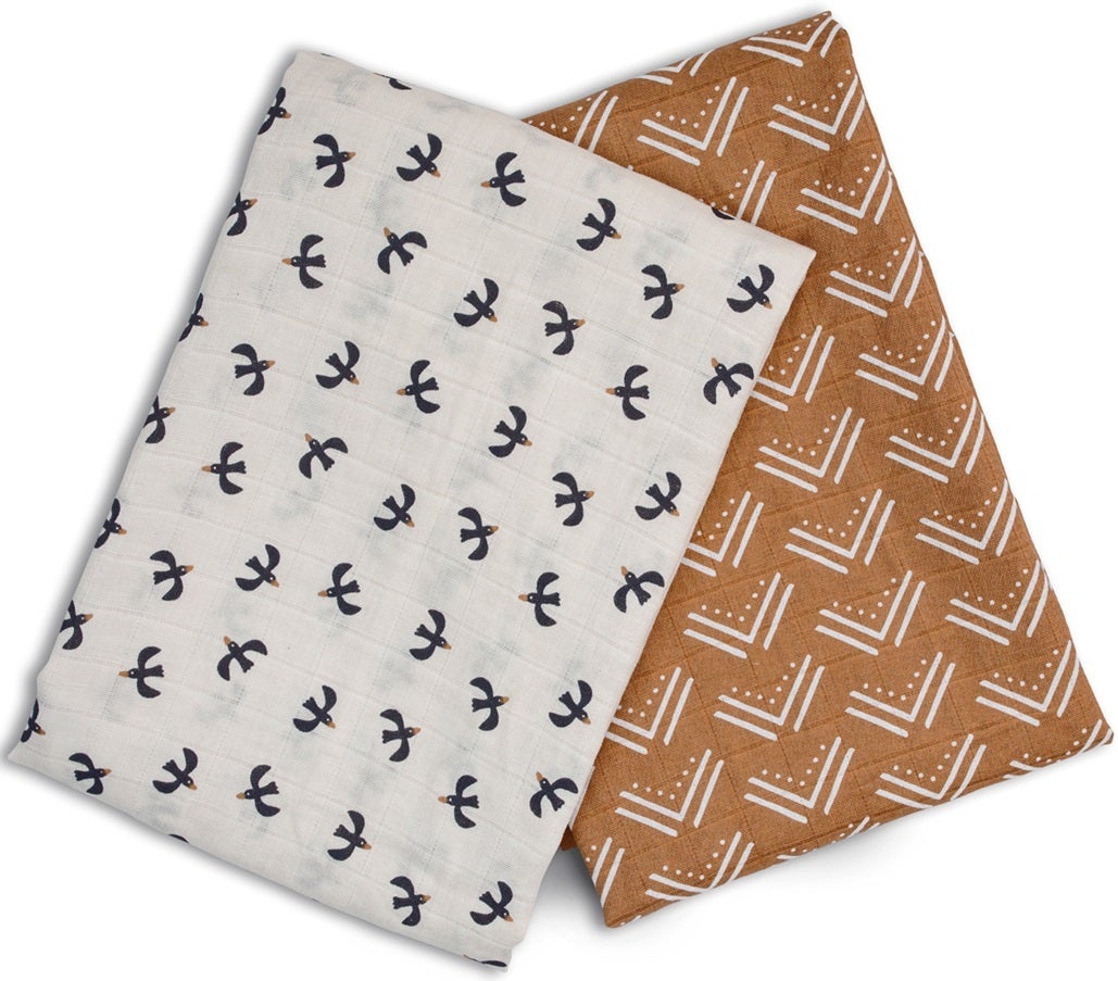 Lulujo: Cotton Swaddles - Mudcloth & Black Birds (2 Pack)