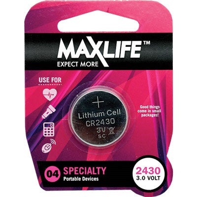 Maxlife BAT2430 CR2430 Lithium Button Cell Battery. 1 Pk 3V