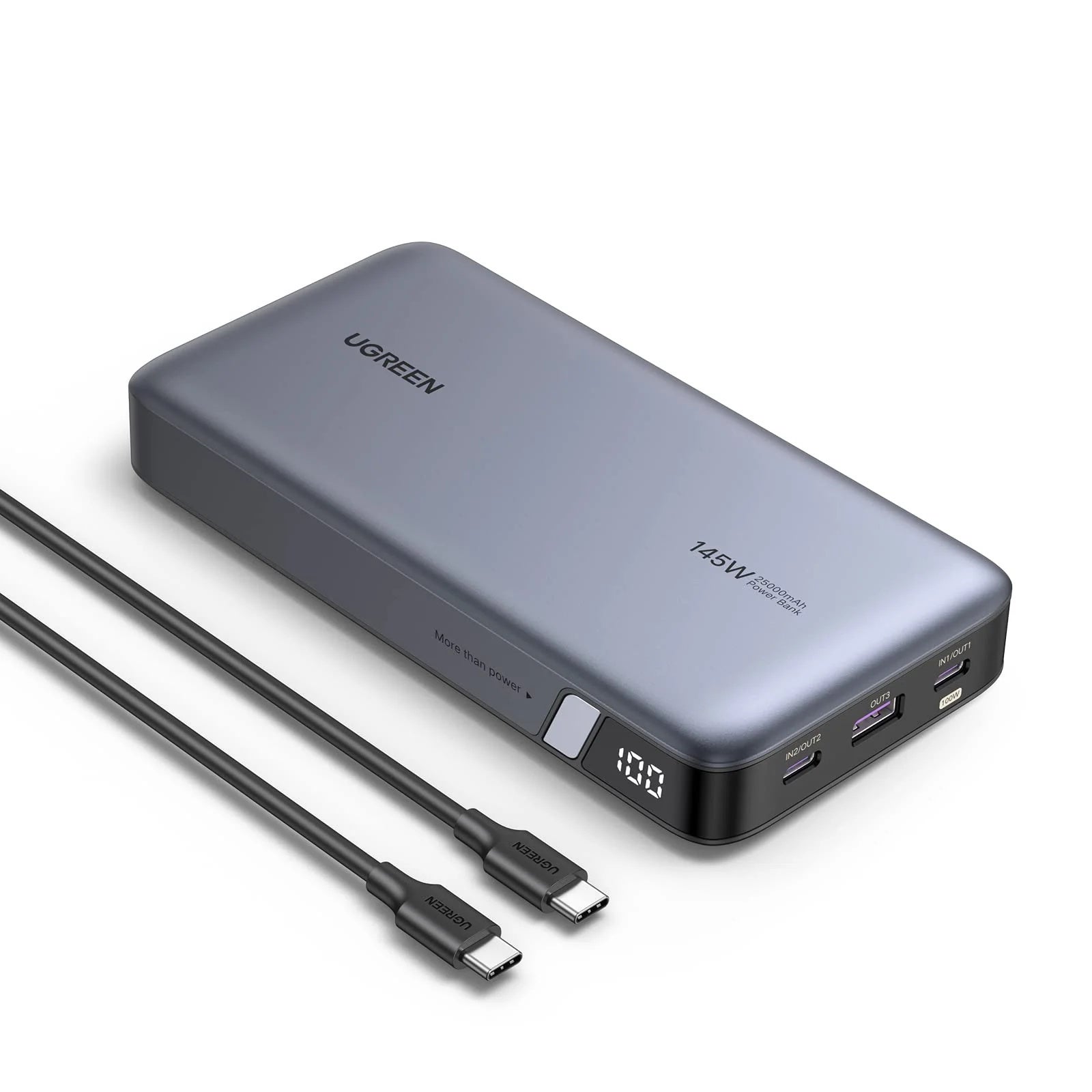UGREEN 25000mAh 145W 3-Output Laptop Power Bank with Cable and Display Input 65W / Output 145W / Max 18W USB-A / Max 140W USB-C