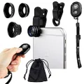 Universal 3in1 Camera Lens and Bluetooth Shutter Remote Kit for Smartphones, Including Bluetooth Camera Shutter Remote, Fish Eye, 2in1 Macro and Wide Angle, Lens Clip