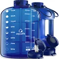 AQUAFIT 1 Gallon Water Bottle With Time Marker - Straw & Chug Lid - Big Water Bottle With Straw - BPA Free Gym Water Bottle With Handle - Gallon Water Jug (128 oz - 2 Lids, Blue)