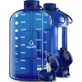 AQUAFIT 1 Gallon Water Bottle With Time Marker - 128 oz Water Bottle With Straw - Gym Water Bottle, Big Water Bottle with Handle, Reusable Water Bottles With Straw Bike Water Bottles (Blue)