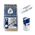 STAEDTLER Wooden Lead Pencil By Mars Lumograph Pack Of 12 Degrees In Practical Plastic Storage Box With Staedter Tub Sharpener And Rasoplast Eraser