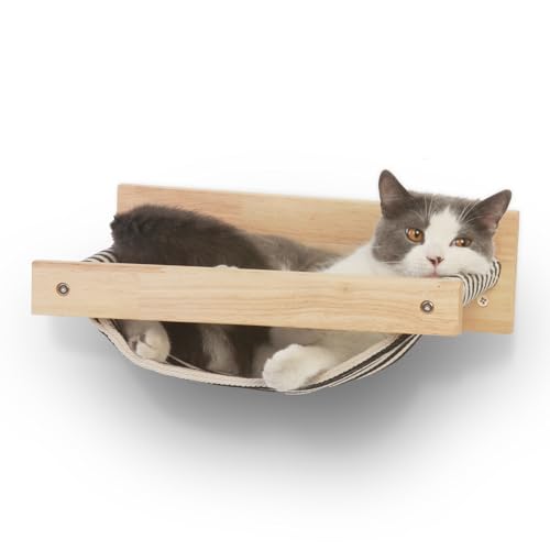 Fukumaru Cat Hammock - Wall Mounted Kitty Bed and Perch, Wooden Cat Wall Furniture with Stable Shelves for Sleeping, Playing, Climbing, and Lounging - Black Stripe