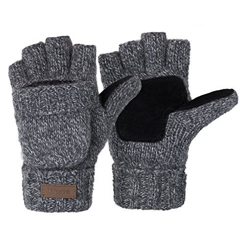 ViGrace Winter Convertible Wool Mittens for Men and Women, Light grey, Medium