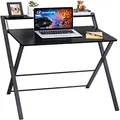 GreenForest Folding Desk No Assembly Required Fully Unfold 32 x 24.5 inch, Small Computer Desk with 2-Tier Shelf Laptop Foldable Table for Small Spaces, Black