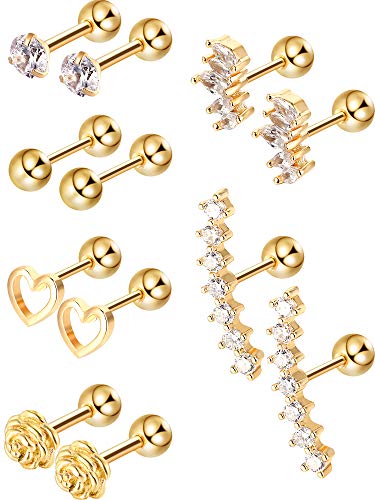 Blulu 6 Pairs Stainless Steel Tragus Cartilage Earrings Labret Studs Barbell Lip Nose Body Stud Piercing for Men Women Ornament, Stainless Steel