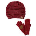 C.C Unisex Soft Stretch Cable Knit Beanie and Anti-Slip Touchscreen Gloves 2 Pc Set, Burgundy Metallic