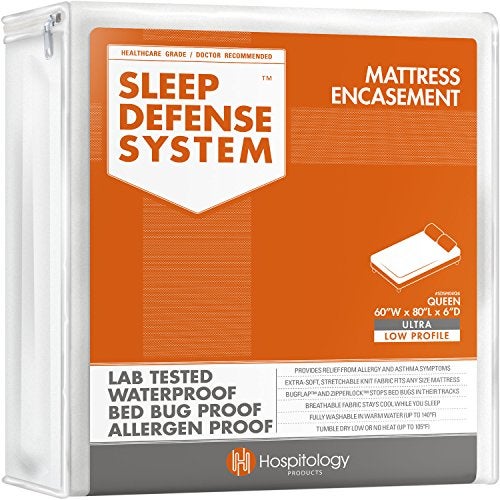 HOSPITOLOGY PRODUCTS Mattress Encasement - Zippered Bed Bug Dust Mite Proof Hypoallergenic - Sleep Defense System - Queen - Waterproof - Stretchable - Ultra Low Profile 6" Depth - 60" W x 80" L