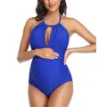 Maternity Swimsuits One Piece V-Neck Pregnancy Swimwear Halter Maternity Bikini Solid Blue Small