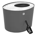 IRIS USA Large Stylish Round Top Entry Cat Litter Box with Scoop, Curved Kitty Litter Pan with Litter Particle Catching Grooved Cover and Privacy Walls, Dark Gray/White