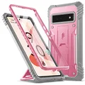 Poetic Revolution Case for Google Pixel 6 Pro 5G, Built-in Screen Protector Work with Fingerprint ID, Full Body Rugged Shockproof Protective Cover Case with Kickstand, Light Pink