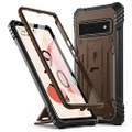 Poetic Revolution Case for Google Pixel 6 Pro 5G, Built-in Screen Protector Work with Fingerprint ID, Full Body Rugged Shockproof Protective Cover Case with Kickstand, Brown