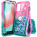 NZND Case for Samsung Galaxy A32 5G with Tempered Glass Screen Protector (Full Coverage), Sparkle Glitter Flowing Liquid Quicksand Shiny Bling Diamond, Women Girls Cute Phone Case (Pink/Aqua)