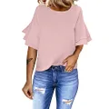 luvamia Women's Casual 3/4 Tiered Bell Sleeve Crewneck Loose Tops Blouses Shirt Pink Size XXL